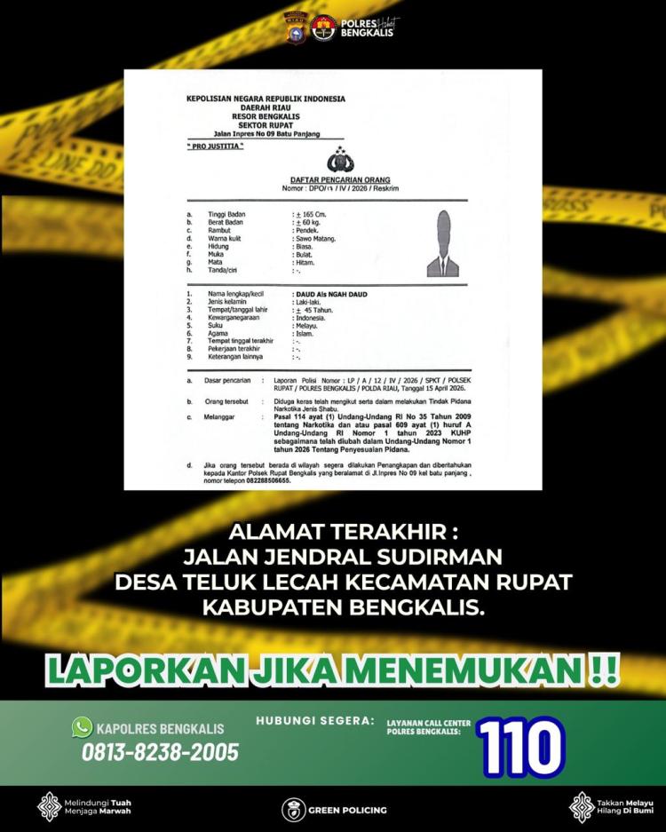 Polres Bengkalis Terbitkan DPO Kasus Narkotika, Satu Buronan Dicari di Rupat Bengkalis